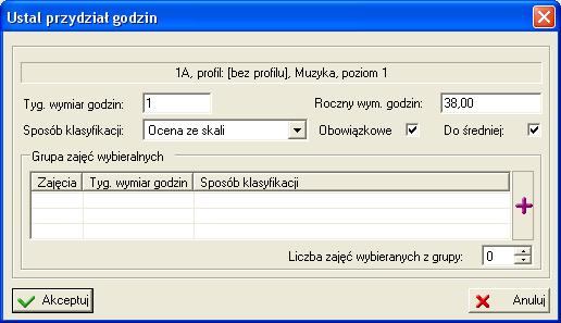 Oddziały Rysunek 65. Pozycja planu nauczania. Po dopisaniu zajęć do planu należy ustalić przydział godzin na poszczególne lata nauki.