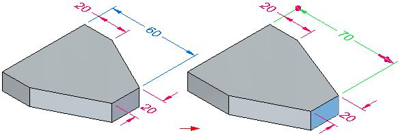 Następnie można zmienić wymiar 60 mm na 70 mm. Wymiary 20 mm nie zostaną zmienione. Wymiary PMI są wyświetlane różnymi kolorami w zależności od tego, czy są zablokowane czy nie.