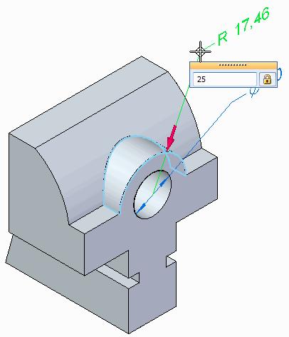 Wymiary modelu Umieść wymiar promienia na powierzchni siodłowej i zmień wartość na 25 mm.