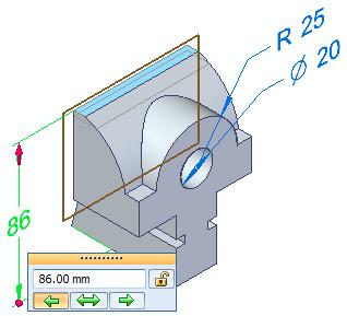 Wymiary modelu Zmień wartość wymiaru na 86 mm. Upewnij się, czy strzałki kierunku wskazują w górę. Naciśnij klawisz F3, aby odblokować płaszczyznę wymiaru.
