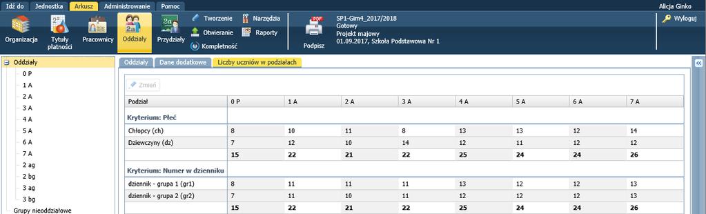 Liczba uczniów w podziałach dostępnej w widoku Arkusz/ Oddziały