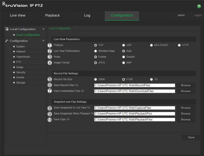 Rysunek 3: Przykład okna konfiguracji Tabela 3: Przegląd okna Konfiguracja lokalna Parametry Opis Parametry podglądu na żywo 1. Protokół Umożliwia określenie używanego protokołu sieciowego.