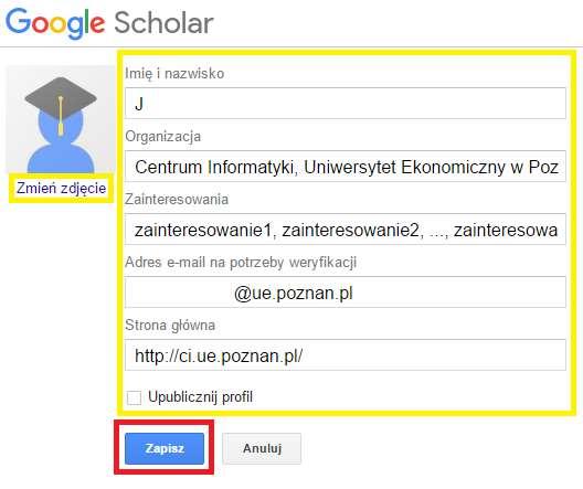 Cytowania moich prac edycja profilu W oknie edycji profilu użytkownika istnieje możliwość zmiany zdjęcia profilowego ( ) oraz danych użytkownika.