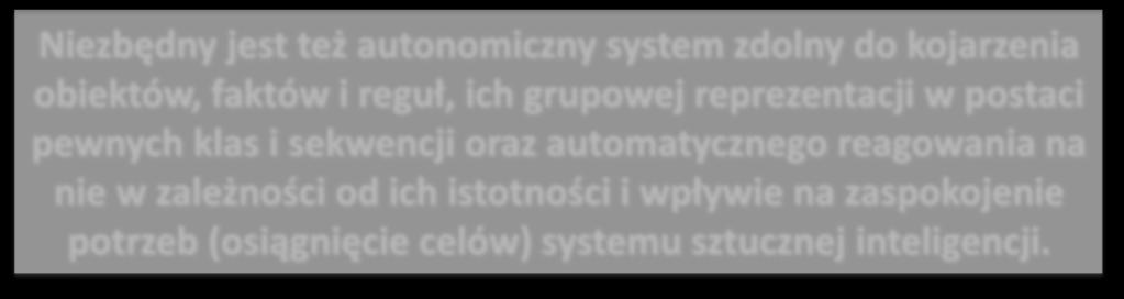 Niezbędny jest też autonomiczny system zdolny do kojarzenia obiektów, faktów i reguł, ich grupowej reprezentacji w postaci pewnych klas i sekwencji oraz automatycznego