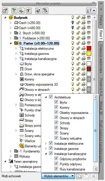 Rozpoczynamy pracę Rys. 28 Rzut kondygnacji z wyłączonymi obiektami Instalacji kanalizacyjnych Menadżer projektu pozwala także na kopiowanie wybranych elementów lub branż.