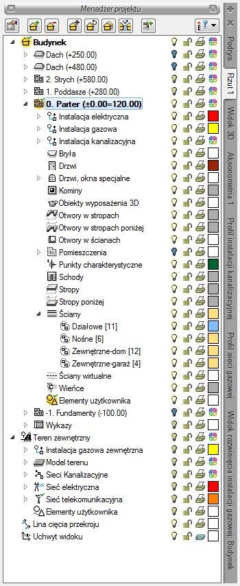 Rozpoczynamy pracę Rys. 43 Okno Menadżera projektu 3.1.6.1. Rzut Program ArCADia przedstawia projekt w widokach budynku lub budynków: rzutach, przekrojach, elewacjach.