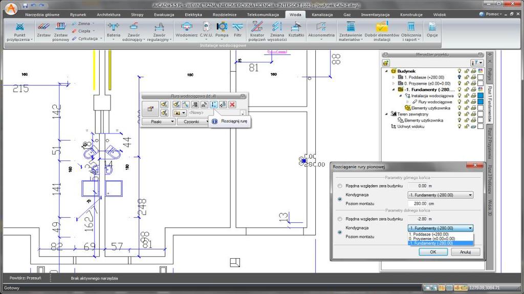 Rozpoczynamy pracę Następnie użytkownik może rozciągnąć rury wodociągowe na wszystkie kondygnacje. Rys.