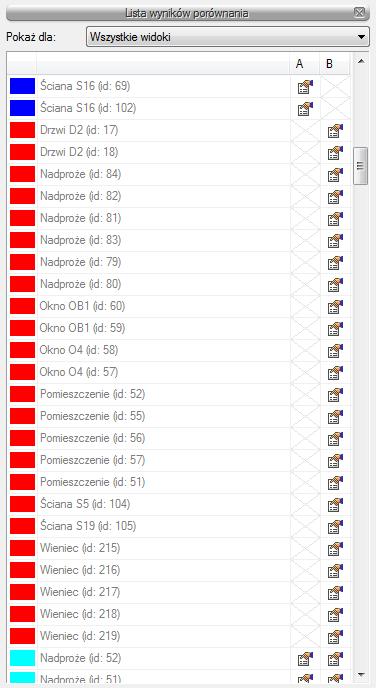 Rozpoczynamy pracę Rys. 85 Lista elementów nowych i zmienionych w porównywanych dokumentach Lista wyświetla nazwę elementu (np. ściana, okno, drzwi), symbol typu (np.