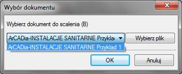 Rozpoczynamy pracę Wywołanie: Wstążka Narzędzia główne grupa logiczna Moduły Scal dokumenty Program AutoCAD lub ArCADia-INTELLICAD: Pasek narzędzi ArCADia-SYSTEM Scal dokumenty Po wywołaniu polecenia