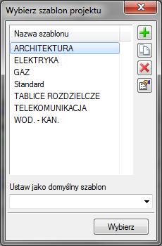 Praca z rysunkami Rys. 112 Okno wyboru szablonu Tab. 6. Opcje zarządzania szablonami Dodaj szablon Utwórz kopię szablonu Usuń szablon Właściwości szablonu Dodaje nowy szablon.