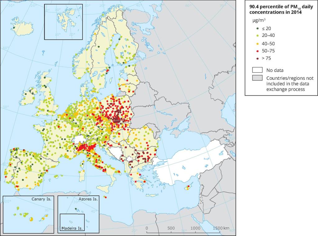 Polski smog na tle Europy PM10 2014 Czerwone i ciemniejsze kropki oznaczają, że stężenia zanieczyszczeń przekraczają dopuszczalny poziom.