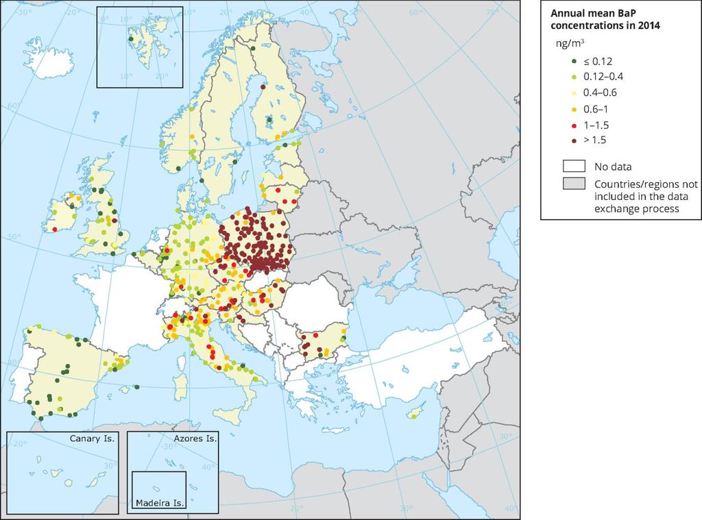 Polski smog na tle Europy BaP 2014 Czerwone i ciemniejsze kropki oznaczają, że stężenia zanieczyszczeń przekraczają dopuszczalny poziom.