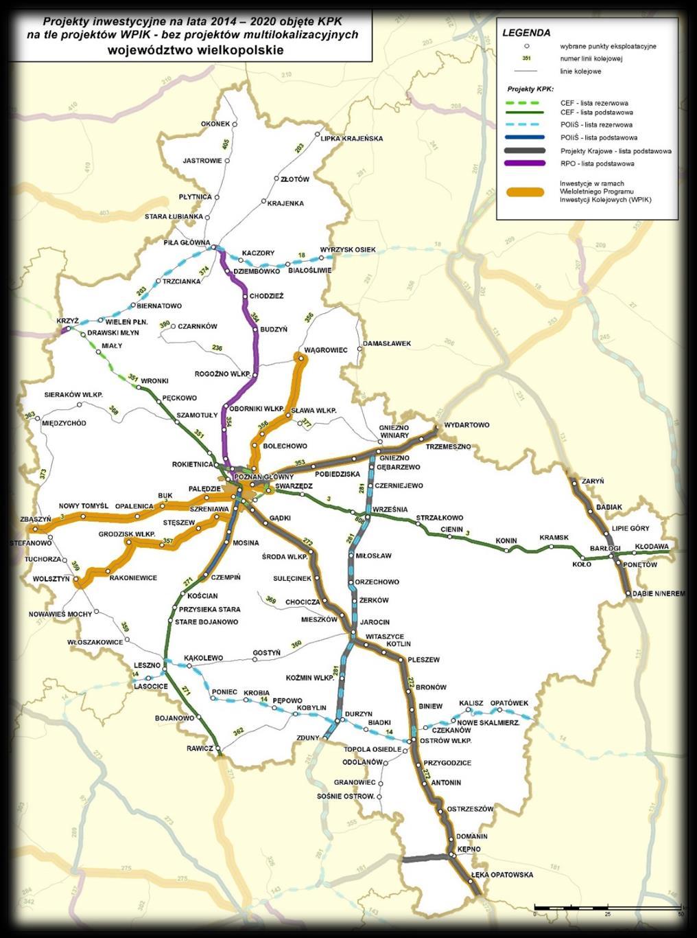 Inwestycje w infrastrukturę kolejową w województwie wielkopolskim Legenda Inwestycje w ramach WPIK Inwestycje w ramach KPK