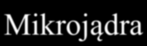 Mikrojądra Jądro systemu zredukowane do małego zbioru funkcji rdzeniowych, realizujących jedynie mały zbiór niezbędnych operacji elementarnych tzw. mikrojądro (microkernel).