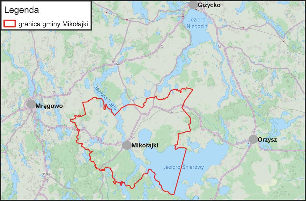 Metodyczne aspekty oceny... Materiał i metody Jako obszar testowy wybrano gminę Mikołajki, położoną w województwie warmińsko-mazurskim (ryc. 1).