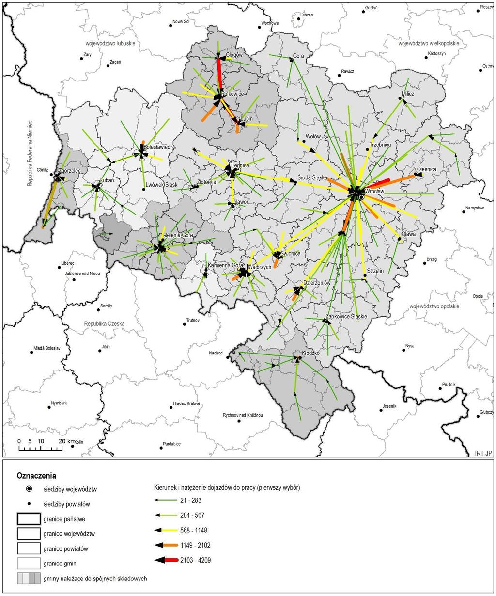 Rysunek 2. Graf skierowany dojazdy do pracy (pierwszy wybór). Źródło: opracowanie własne na podstawie danych Izby Skarbowej we Wrocławiu. W analizie widać wyraźną dominację Wrocławia.