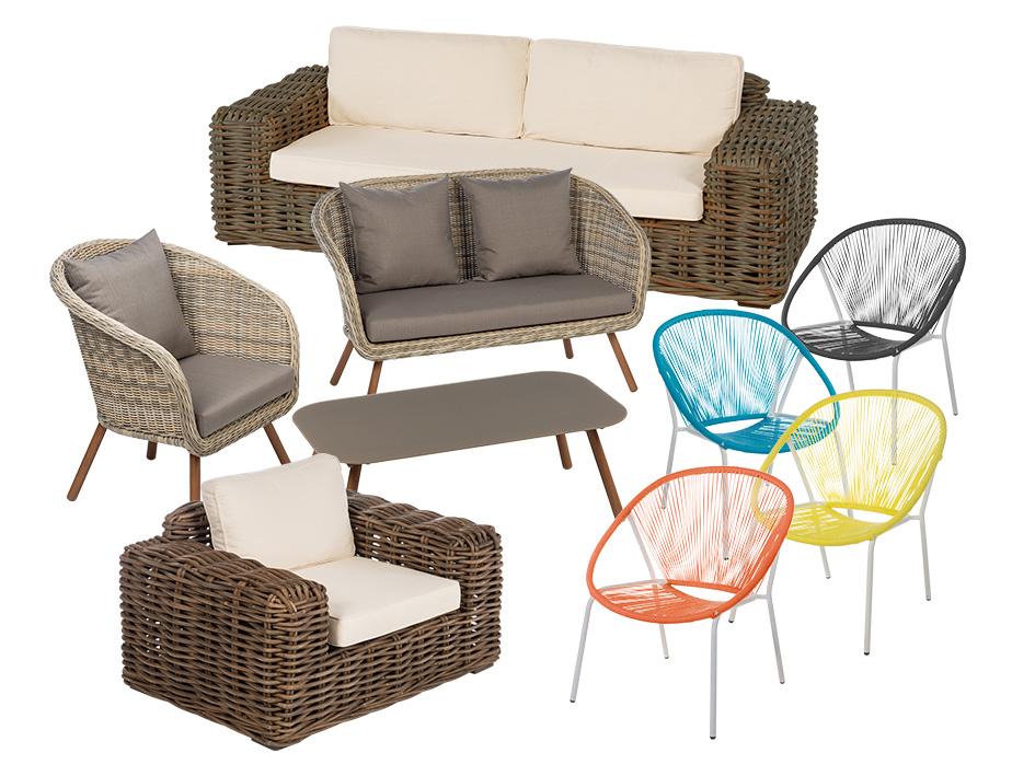 Polska 7. Fotel z serii SANTORINI, drewno/rattan. 8. meble z serii KORRIDA, drewno/polirattan/aluminium. 9. Krzesła MALAGA, rattan/aluminium, różne kolory.