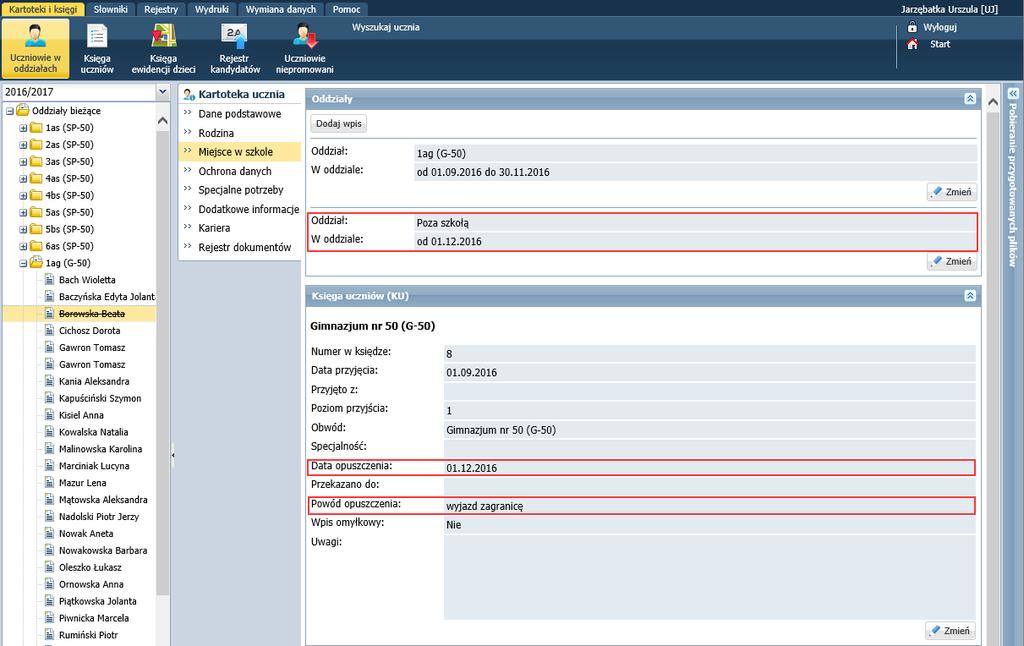 Wprowadzone do arkusza ucznia dane pojawiły się w sekcji Księga uczniów, w sekcji Oddziały został automatycznie dodany wpis o przebywaniu