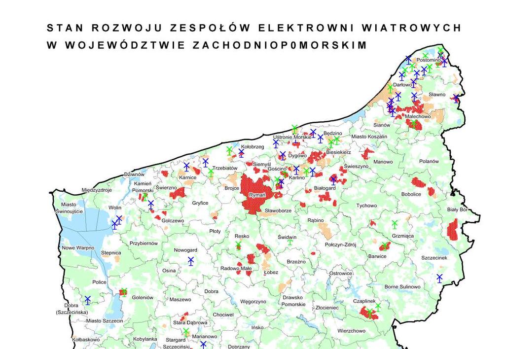 Największe farmy wiatrowe w województwie to: Karścino-Pobłocie w gm. Karlino i Gościno (90 MW); Marszewo w gm. Postomino (82 MW); Karcino-Sarbia gm. Kołobrzeg (51 MW); farmy o mocy 50 MW: Tymień gm.