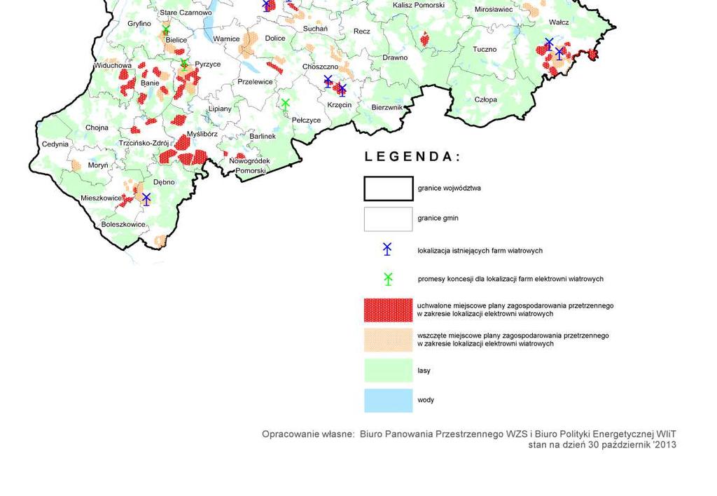 W uchwalonych miejscowych planach zagospodarowania przestrzennego (mpzp) powierzchnia terenów przeznaczonych wyłącznie pod lokalizację elektrowni wiatrowych wynosi 27 931,03 ha, co stanowi potencjał