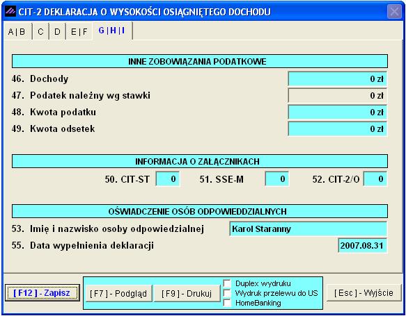 Zapis deklaracji Rysunek 9-57 Deklaracja CIT-2 sekcja G / H / I.