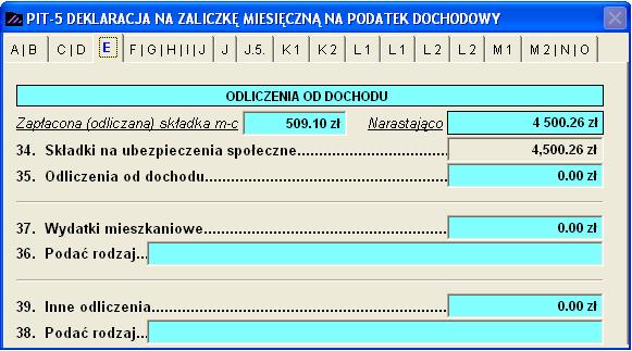 9-32 Aplikacja Ramzes Księgi Handlowe podręcznik uŝytkownika składka zapłacona w miesiącu odliczana Rysunek 9-68 Deklaracja PIT-5 sekcja E (składki ZUS).