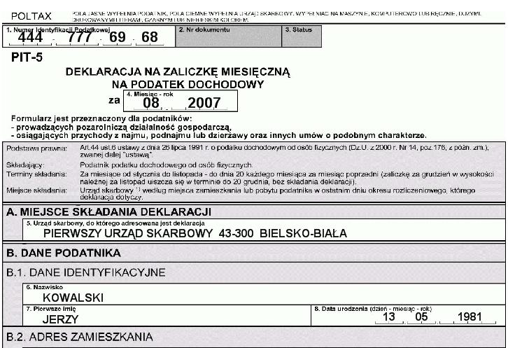 Aplikacja Ramzes Księgi Handlowe podręcznik uŝytkownika 9-35 9.8.5 PIT-5L Rysunek 9-75 Wydruk deklaracji PIT-5. W Menu programu Raporty 8. Deklaracje (Rysunek 9-1) dostępna jest deklaracja 8. PIT- 5L.