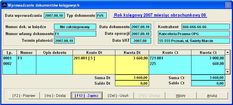 12-4 Aplikacja Ramzes Księgi Handlowe podręcznik uŝytkownika Po wprowadzeniu do nagłówka dokumentu danych z pobieranego dokumentu program próbuje zastosować wzór księgowania.