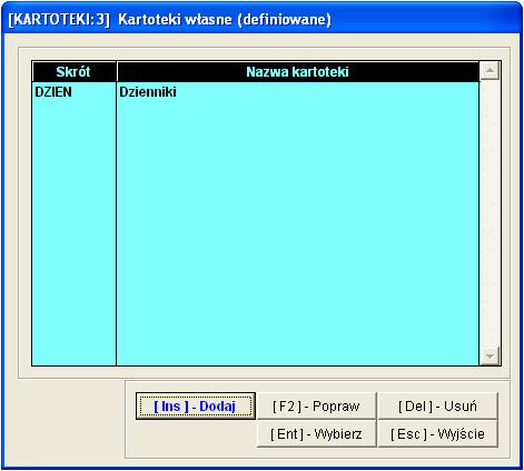 5-2 Aplikacja Ramzes Księgi Handlowe podręcznik uŝytkownika 5.1 Kartoteki własne (definiowane) W Menu programu Kartoteki dostępna jest funkcja 3. Kartoteki własne (definiowane). Rysunek 5-1 Kartoteki własne (definiowane).