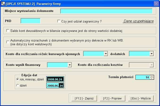 5-16 Aplikacja Ramzes Księgi Handlowe podręcznik uŝytkownika Obok aktualizacji kont moŝna określić miejsce wprowadzania dokumentów, dane wykorzystywane w sprawozdaniem F-01 (PKD, Czy jest udział