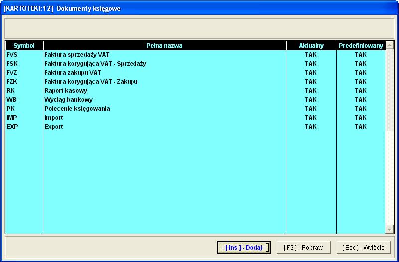5-28 Aplikacja Ramzes Księgi Handlowe podręcznik uŝytkownika Kartoteka dokumentów księgowych posiada predefiniowany zestaw następujących dokumentów: FVS Faktura sprzedaŝy VAT FSK Korekta sprzedaŝy