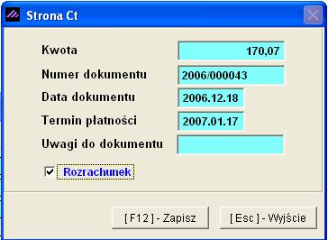 Aplikacja Ramzes Księgi Handlowe podręcznik uŝytkownika 6-5 Naciśnięcie klawisza Enter na dowolnym polu strony Dt (Wn) lub Ct (Ma) powoduje przejście do wprowadzania dokumentu.