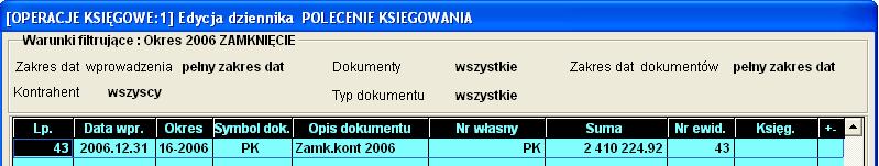 Rysunek 6-32 Dokument przeksięgowujący we wskazanym dzienniku. Rysunek 6-33 Fragment wydruku PK przeksięgowywującego.