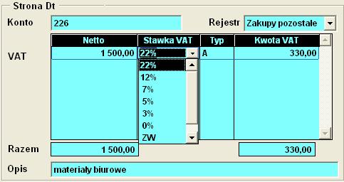 Aplikacja Ramzes Księgi Handlowe podręcznik uŝytkownika 6-33 Następnie naleŝy wpisać kwotę netto (1 500), wybrać stawkę VAT