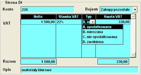 VAT (tu 330 zł) wylicza się automatycznie, istnieje jednak moŝliwość jego poprawy (np. zmiana o 1 grosz).