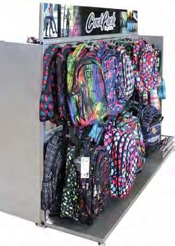 hight with topper: H 150 x D 45 x W 180 cm without topper: H 125 x D 45 x W 180 cm On the shelf you can be displayed 48 pcs. of backpacks, 30 pcs. of pouches and approx. 30-40 pcs.