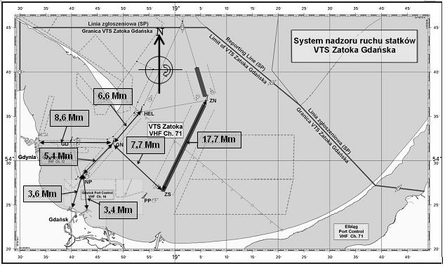 nostki (rys. 2). Te określonej długości i szerokości obszary (prostokąty) mają długość od kilku do kilkunastu mil morskich, a szerokość ok. 2 mil morskich. 323 Rys. 2. Mapa rejonu Zatoki Gdańskiej uwzględniająca długości odcinków podstawowych szlaków żeglugowych (w milach morskich) [26] Fig.