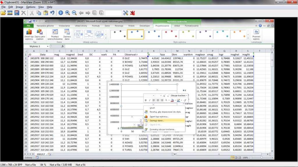 Poniżej przedstawię sposób tworzenia wykresów w wersji programu MS Excel 2010, używanej w ramach laboratorium komputerowego. Do stworzenia wykresu używamy wczytanych wcześniej danych 2002t7.
