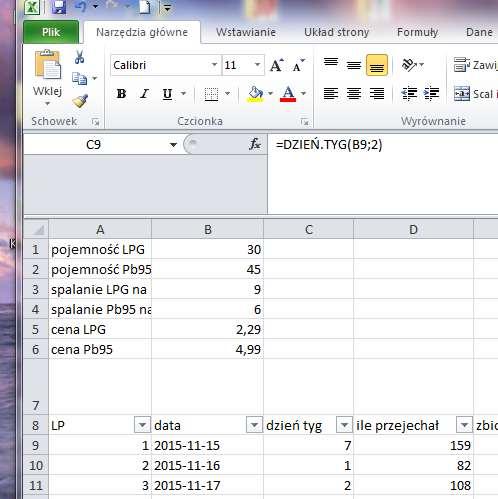 W pierwszym dniu rano w zbiorniku z LPG znajdowało się 30 litrów paliwa, a w zbiorniku z Pb95 znajdowało się 45 litrów paliwa. Takie liczby wpisujemy w arkuszu w komórkach E9 oraz F9.