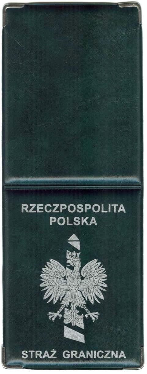 Wzór nr 2b do nr 16 OKŁADKA LEGITYMACJI 2 Okładka legitymacji wykonana jest z tworzywa sztucznego w kolorze ciemnozielonym z metalowymi okuciami w kolorze srebrnym oraz tłoczeniami w kolorze