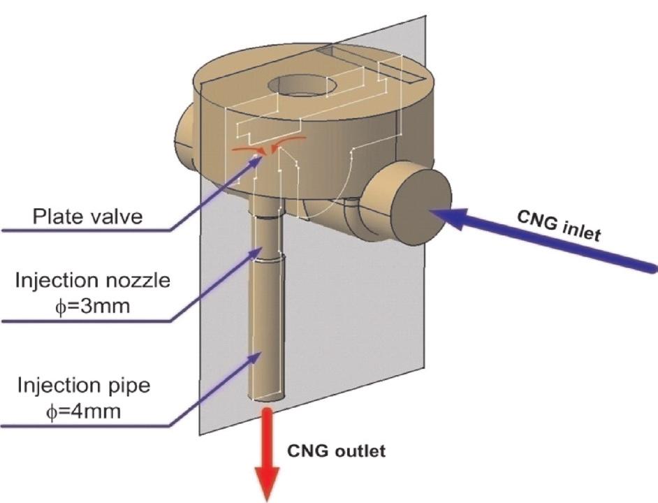 o średnicy 4 mm i długości 180 mm łączący wtryskiwacz z przewodem dolotowym. Tak opracowaną geometrię wprowadzono do programu modelowania mechaniki przepływów (CFD) STAR-CD firmy CD Adapco.