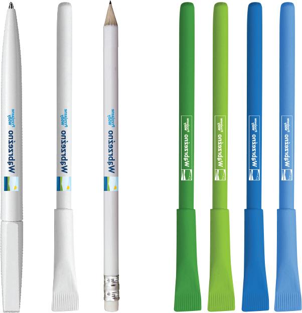 długopisy i ołówki Długopisy oraz ołówki w dwóch wariantach: jasny z nadrukiem pełnokolorowym oraz z nadrukiem jednokolorowym (wersja monochromatyczna logo).