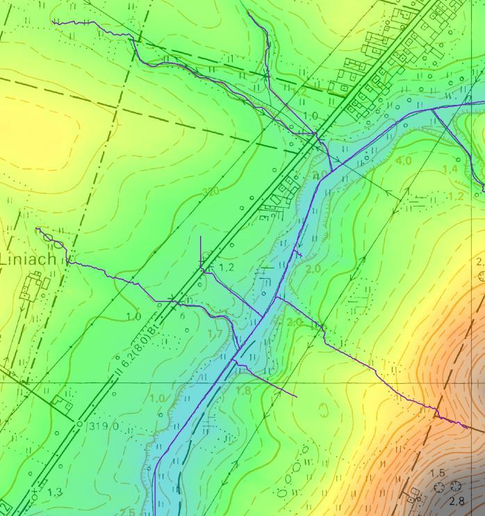 Porównanie wygenerowanej sieci rzecznej z siecią rzeczną zawartą na mapie topograficznej zamieszczono na poniższej rycinie. Ryc.