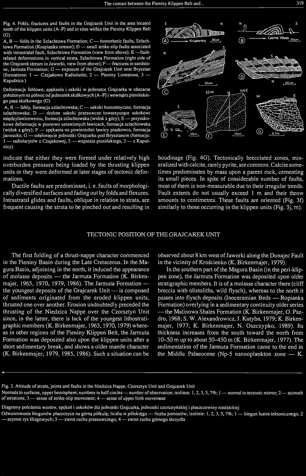 homothetic faults, Szlachtowa Formation (Krupianka stream); D - small strike-slip faults associated with intrastratal fault, Szlachtowa Formation (view from above); E -faultrelated deformations in