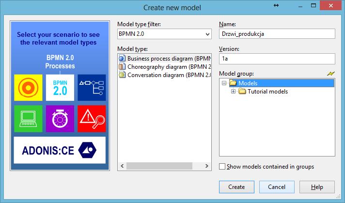 Tworzenie modelu BPMN 2. W oknie Create new model należy wybrać BPMN 2.0 w sekcji Model type filter 3.