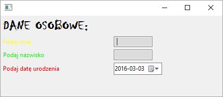 labellastname=new Label(shell, SWT.NONE); labellastname.settext("podaj nazwisko"); labellastname.setforeground(new Color(null, 0,240,0)); lastname=new Text(shell,SWT.BORDER); lastname.