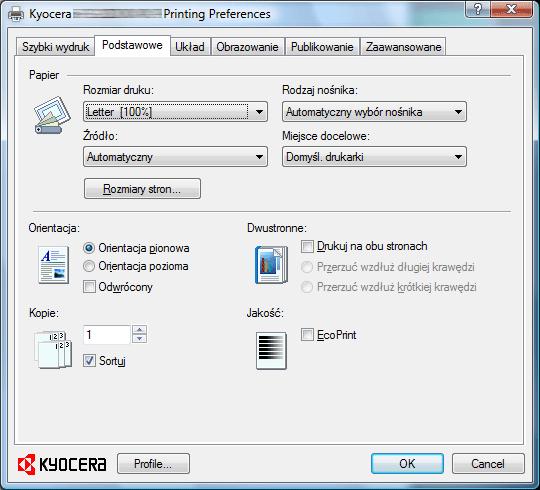 Drukowanie Poniżej omówiona została procedura drukowania z aplikacji. Ustawienia drukowania określić można na każdej karcie sterownika KX Driver.