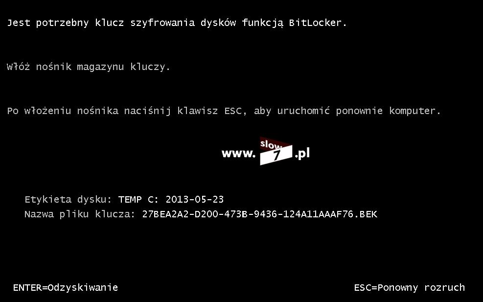 Jeśli z jakiegoś powodu (zaginięcie, uszkodzenie, sformatowanie klucza USB) nie będziemy mogli uruchomić systemu narzędzie BitLocker przejdzie w tryb odzyskiwania (klawisz Enter) Rysunek 14 BitLocker
