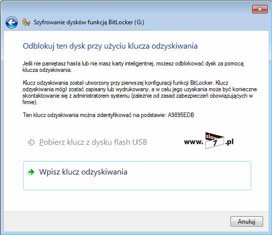 Rysunek 25 BitLocker to Go proces odzyskiwania Sprawdzamy czy zgadzają się wartości w polu Pełna identyfikacja klucza odzyskiwania,