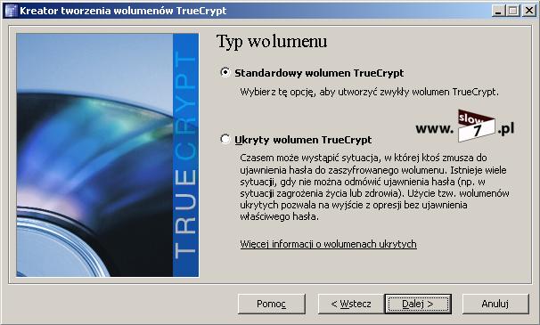 Rysunek 33 TrueCrypt wybór typu wolumenu Na następnym ekranie określamy lokalizację pliku kontenera TrueCrypt w którym będą zapisywane wszystkie szyfrowane przez nas dane.